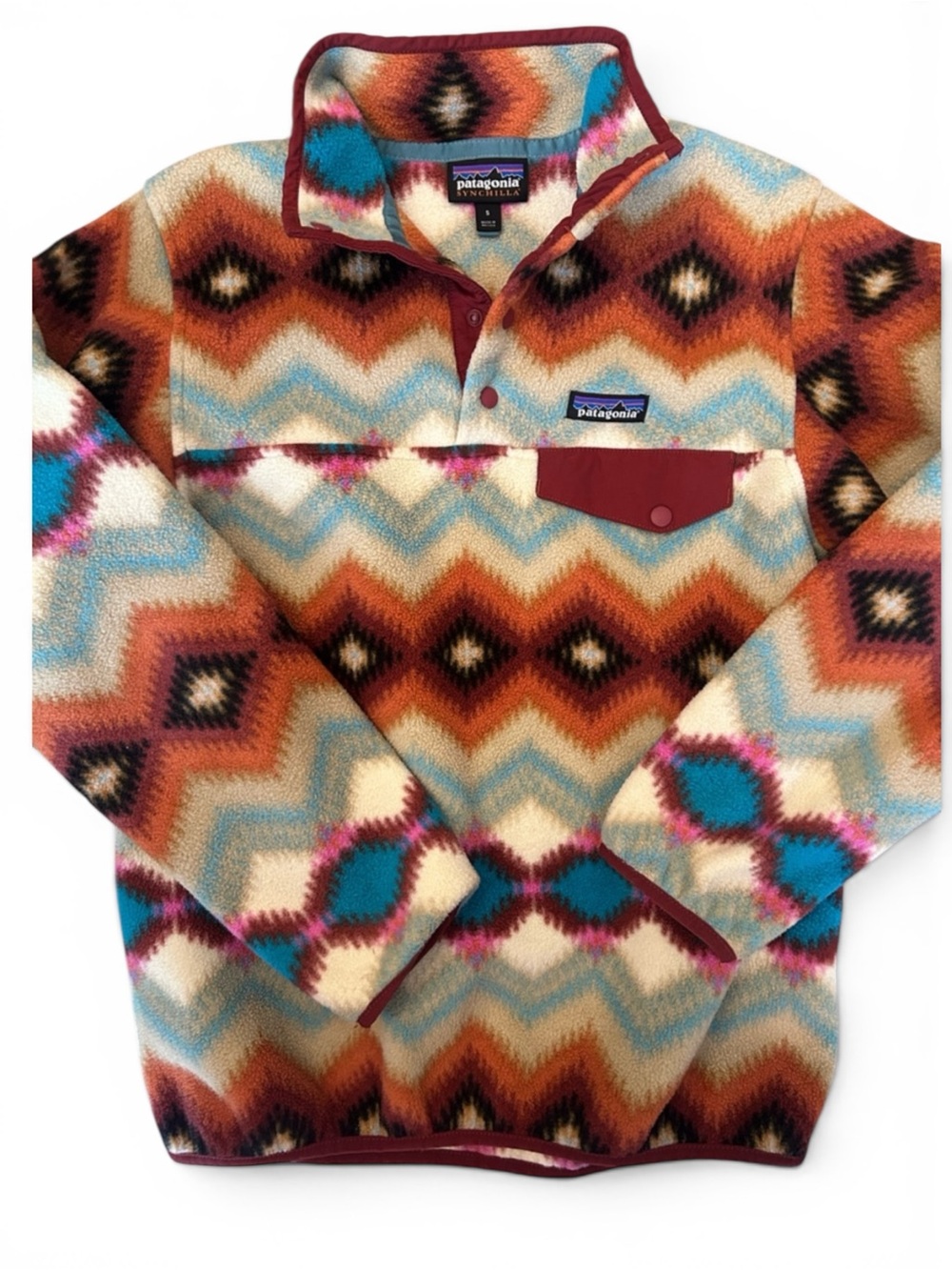 Patagonia Synchilla Fleece Pullover in Maroon, Turquoise & Cream Aztec S